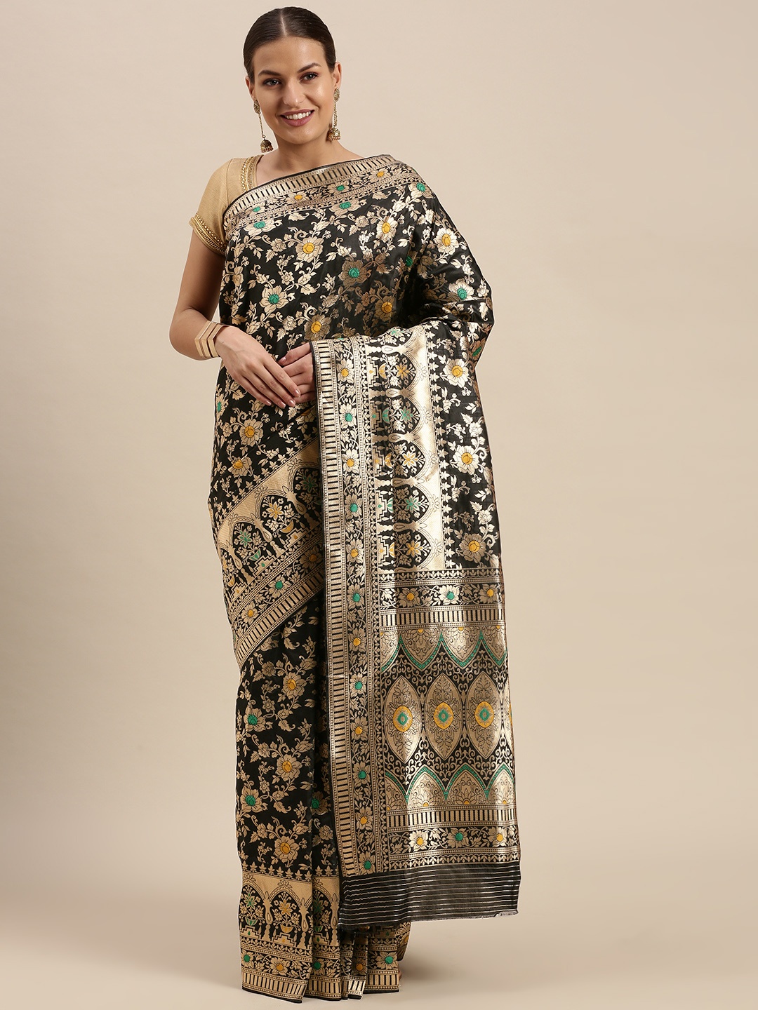 

SANGAM PRINTS Black & Golden Jacquard Ethnic Motifs Zari Pure Silk Saree