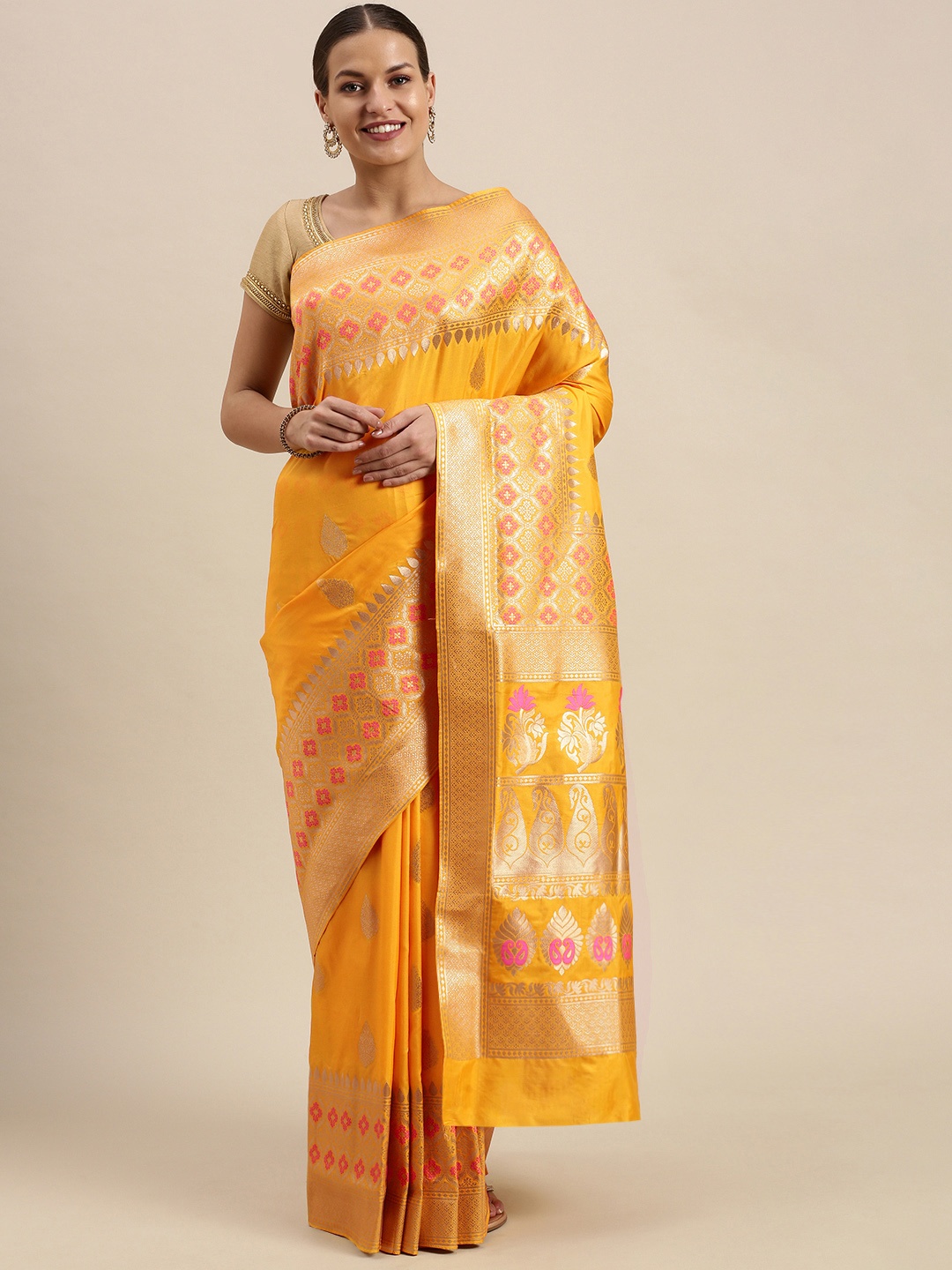 

SANGAM PRINTS Mustard Yellow & Golden Jacquard Ethnic Motifs Zari Pure Silk Saree