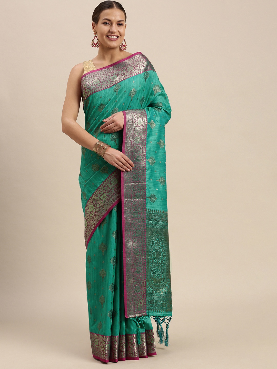 

SANGAM PRINTS Green & Pink Ethnic Motifs Zari Pure Silk Saree