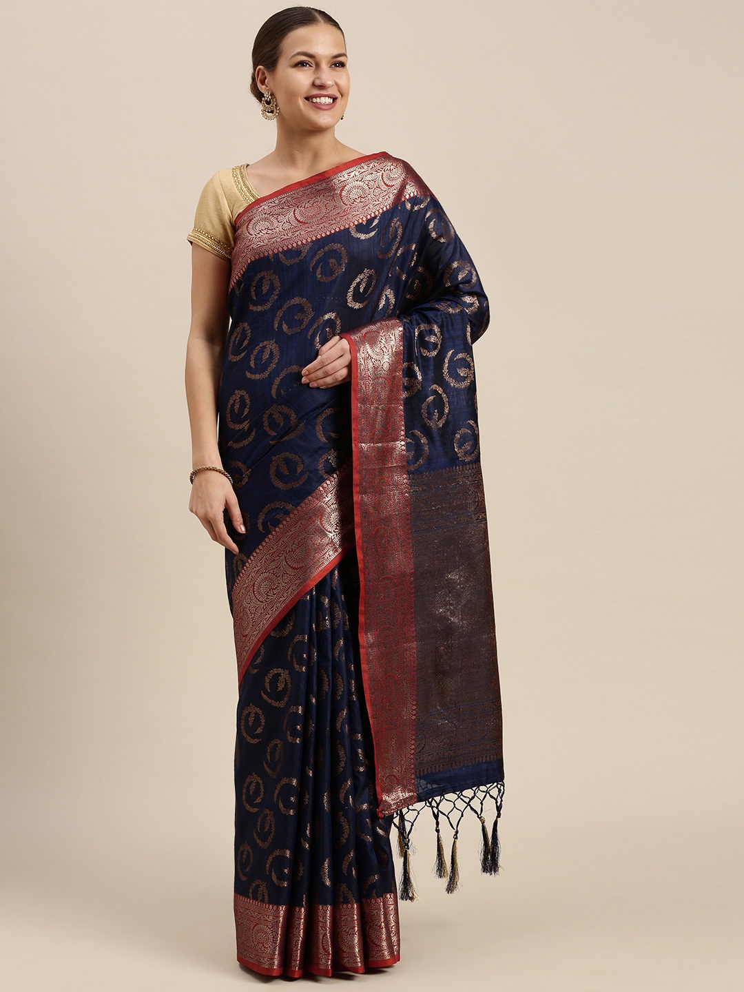 

SANGAM PRINTS Navy Blue & Golden Ethnic Motifs Zari Pure Silk Saree