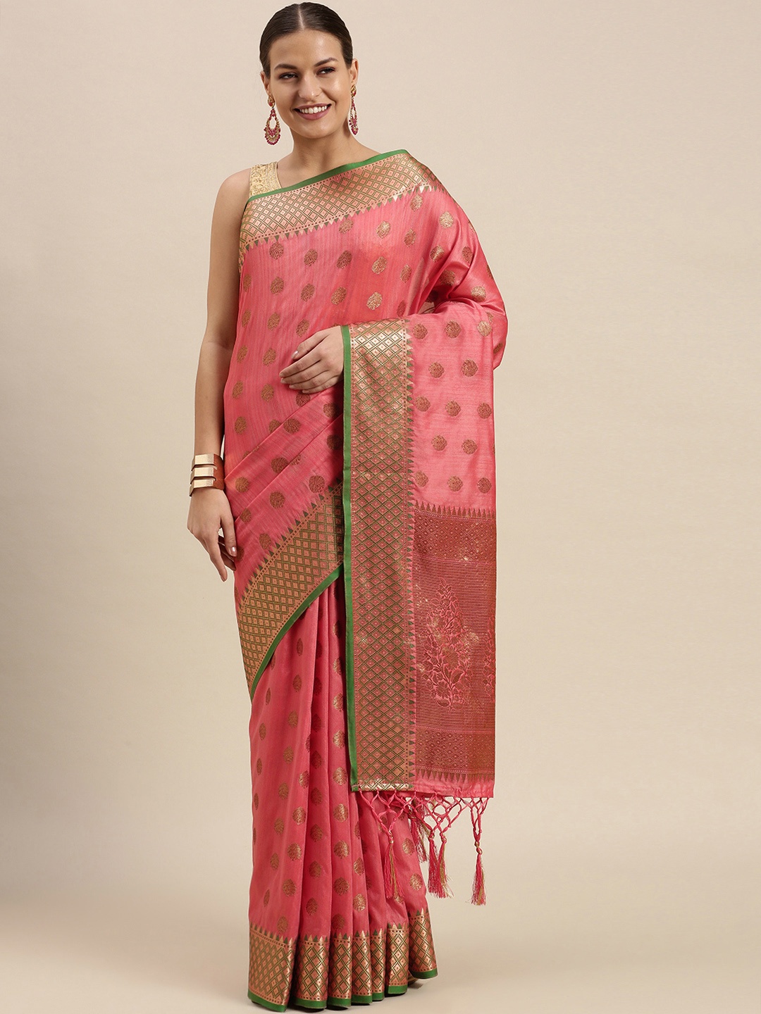 

SANGAM PRINTS Peach-Coloured & Golden Ethnic Motifs Zari Pure Silk Saree