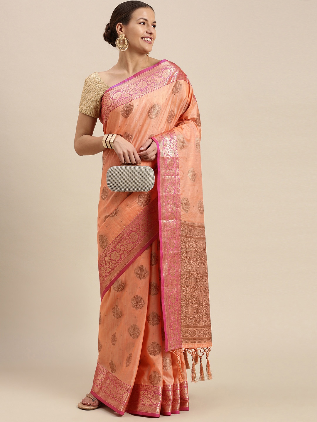 

SANGAM PRINTS Peach-Coloured & Golden Ethnic Motifs Zari Pure Silk Saree