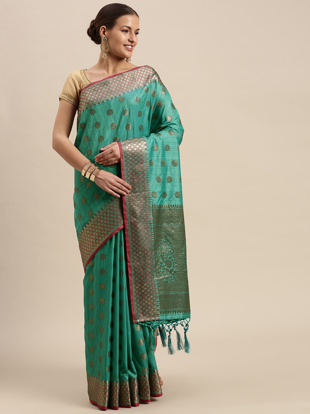 

SANGAM PRINTS Sea Green & Off-White Ethnic Motifs Zari Pure Silk Saree