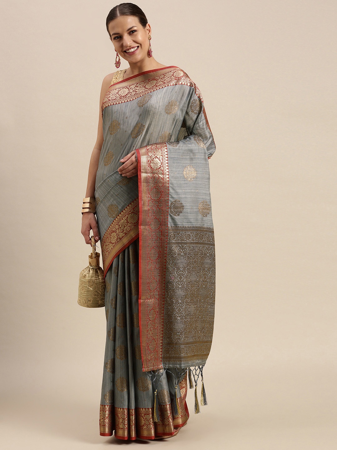 

SANGAM PRINTS Grey & Golden Ethnic Motifs Zari Pure Silk Saree