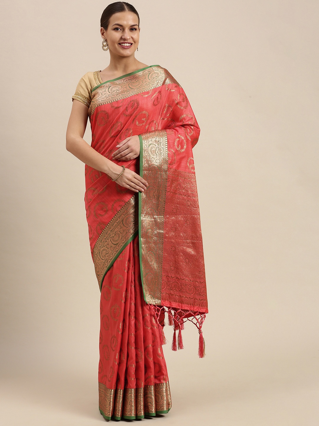 

SANGAM PRINTS Coral Pink & Golden Ethnic Motifs Zari Pure Silk Saree