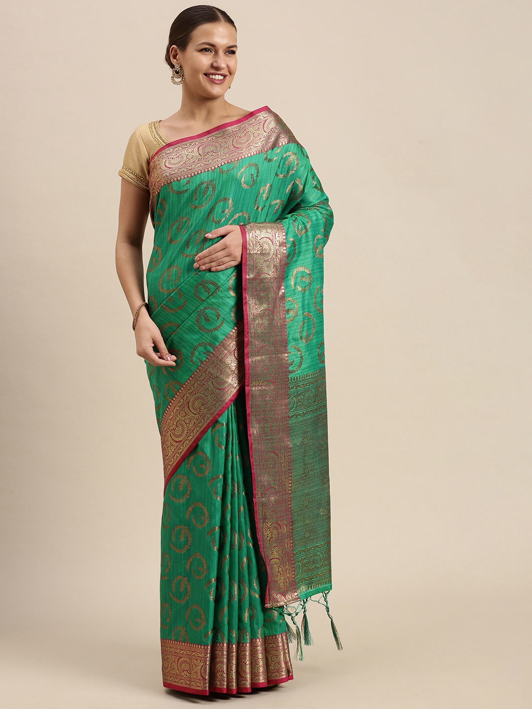 

SANGAM PRINTS Green & Golden Ethnic Motifs Zari Pure Silk Saree