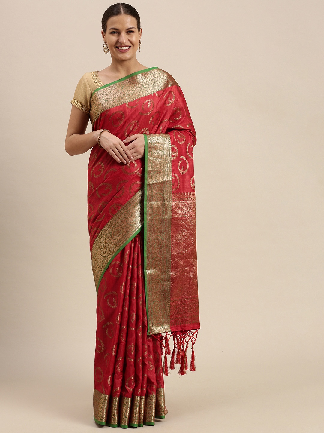 

SANGAM PRINTS Red & Golden Ethnic Motifs Zari Pure Silk Saree