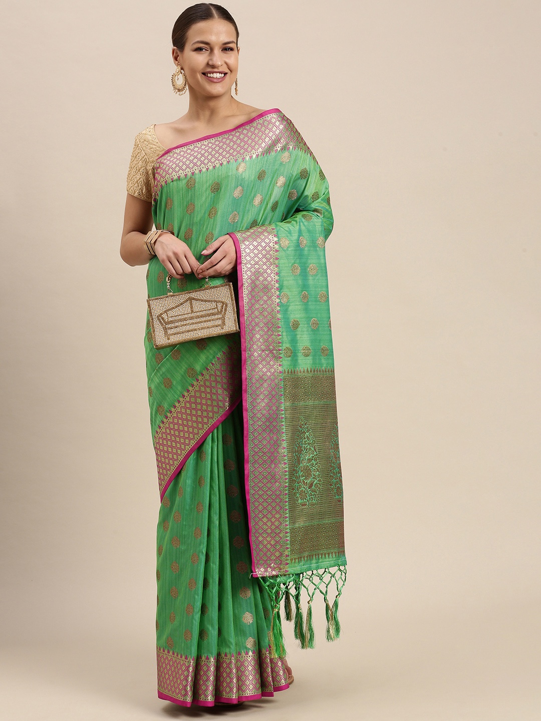 

SANGAM PRINTS Green & Golden Ethnic Motifs Zari Pure Silk Saree