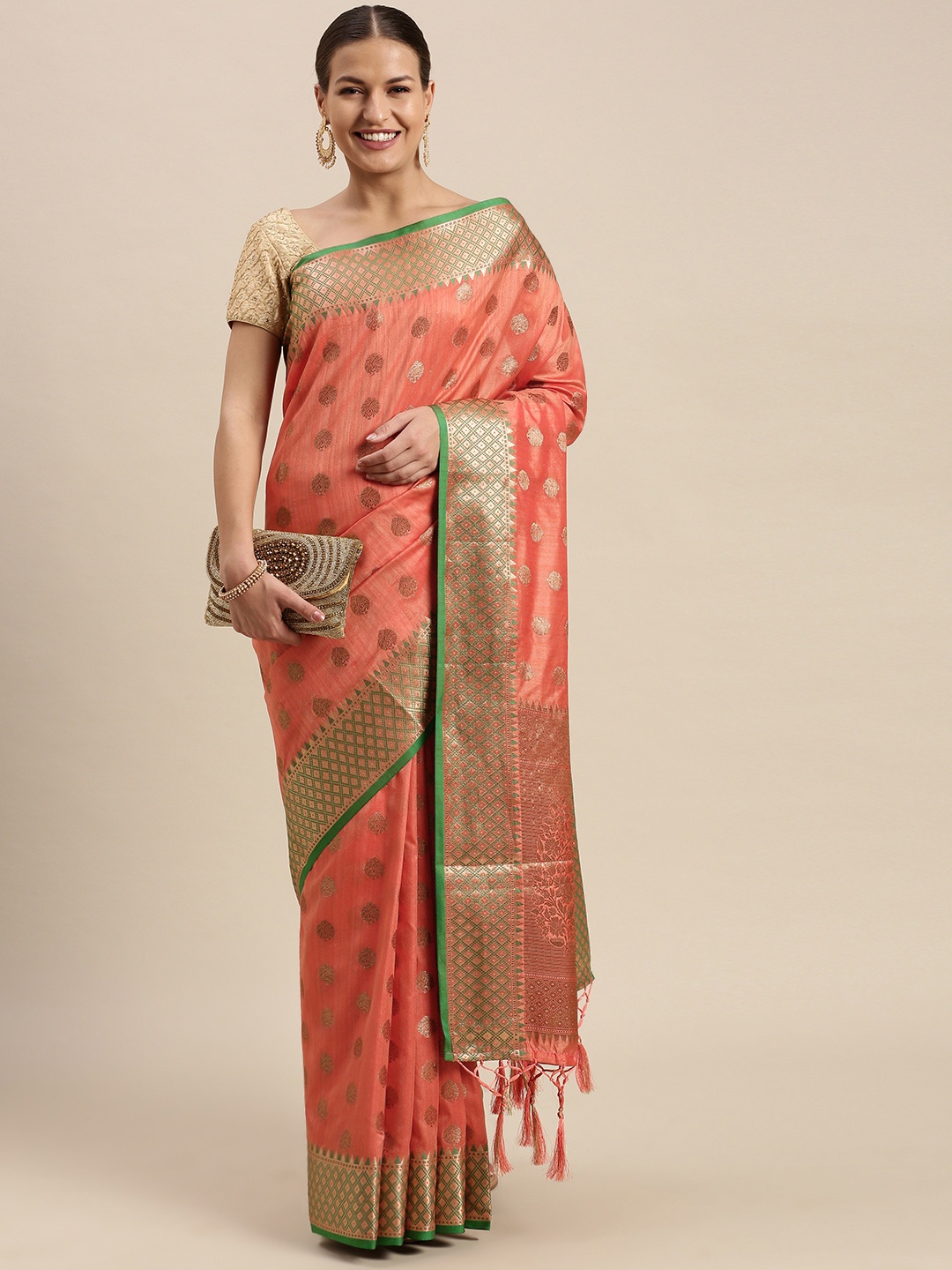 

SANGAM PRINTS Peach-Coloured & Golden Ethnic Motifs Zari Pure Silk Saree