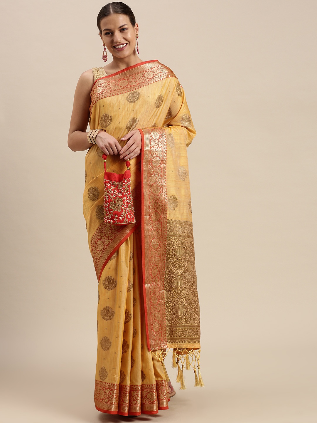 

SANGAM PRINTS Yellow & Golden Ethnic Motifs Zari Pure Silk Saree