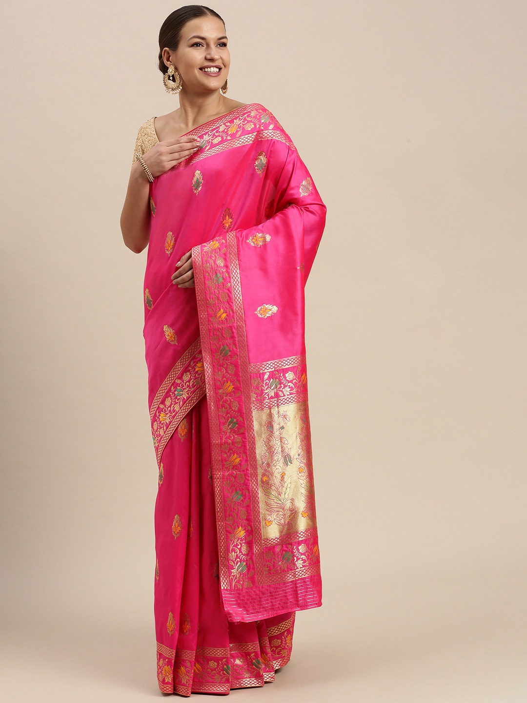 

SANGAM PRINTS Pink & Golden Jacquard Ethnic Motifs Zari Pure Silk Saree