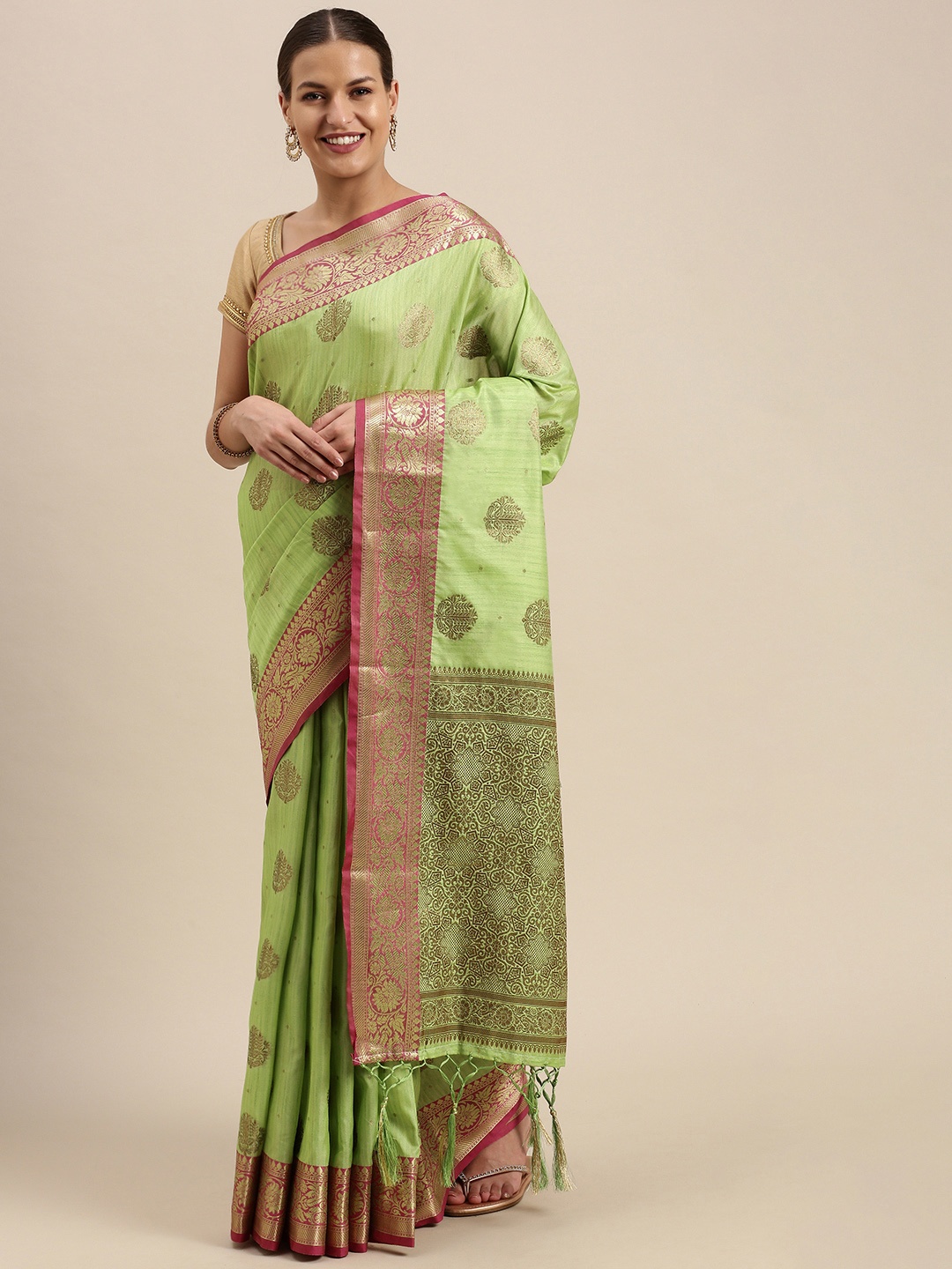 

SANGAM PRINTS Lime Green & Golden Ethnic Motifs Zari Pure Silk Saree