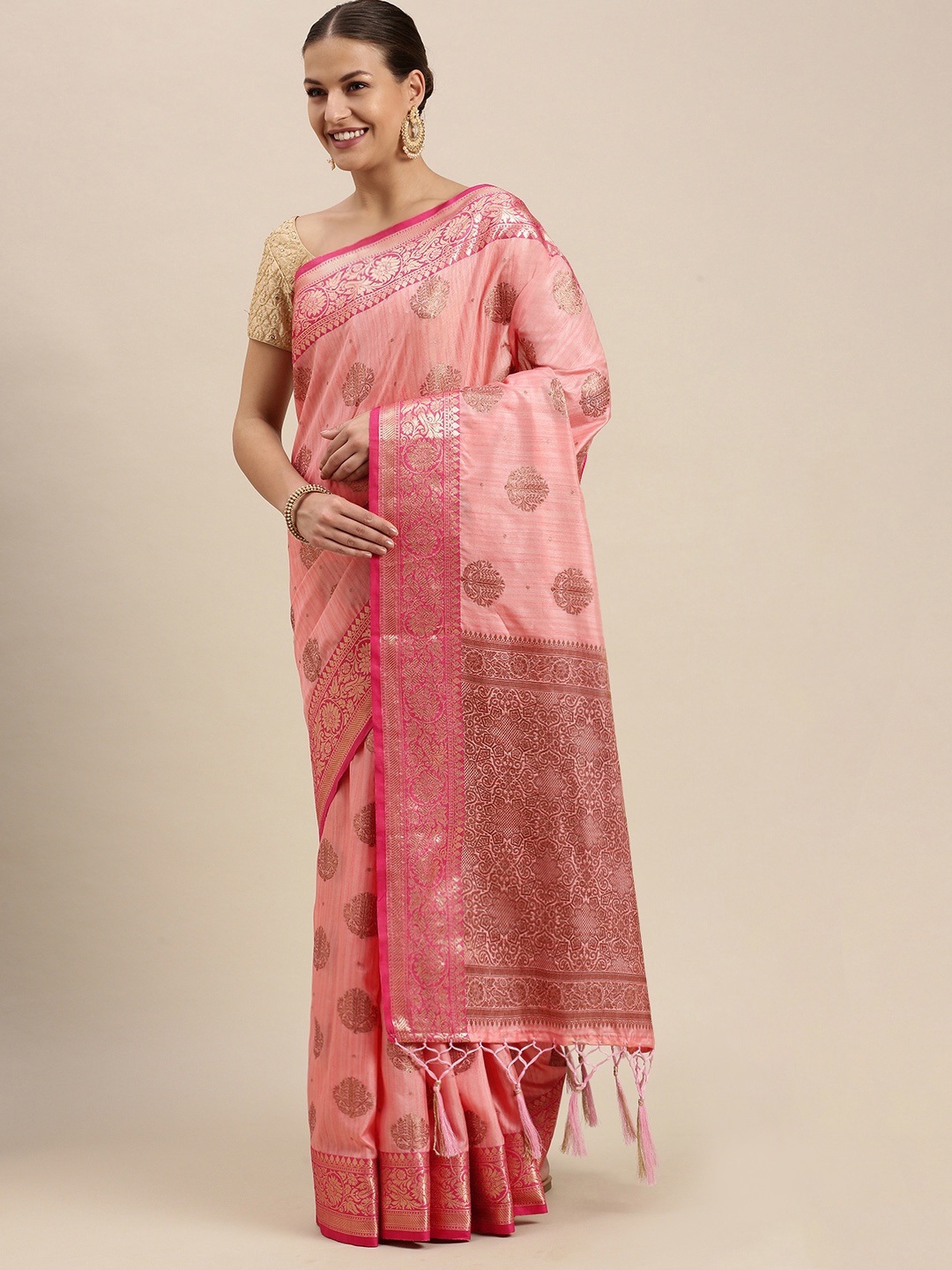 

SANGAM PRINTS Peach-Coloured & Golden Ethnic Motifs Zari Pure Silk Saree