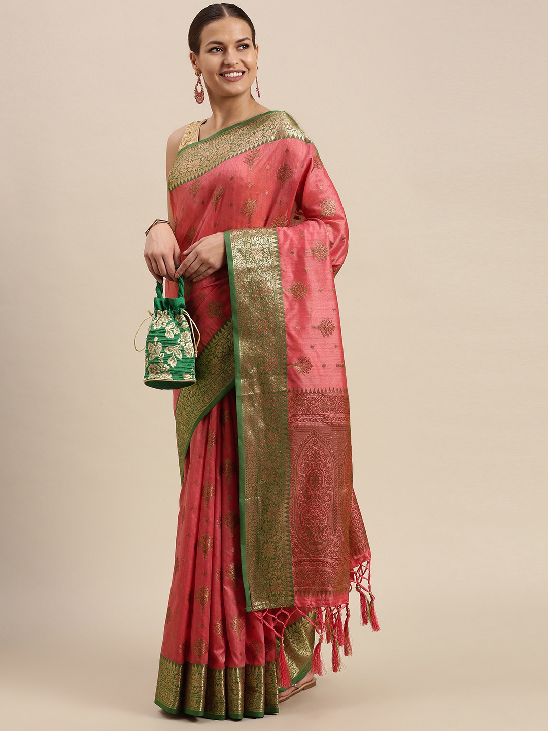 

SANGAM PRINTS Pink & Golden Ethnic Motifs Zari Pure Silk Saree