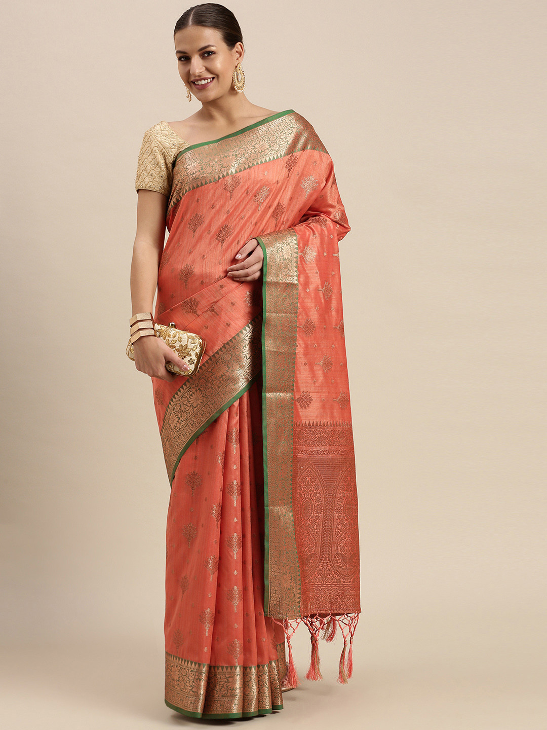 

SANGAM PRINTS Orange & Golden Ethnic Motifs Zari Pure Silk Saree