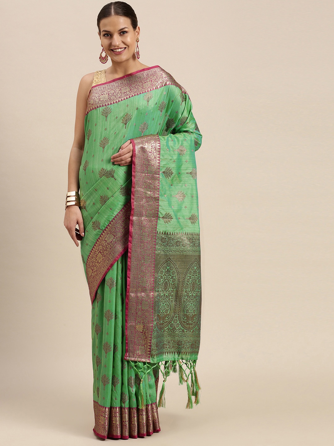 

SANGAM PRINTS Green & Pink Ethnic Motifs Zari Pure Silk Saree