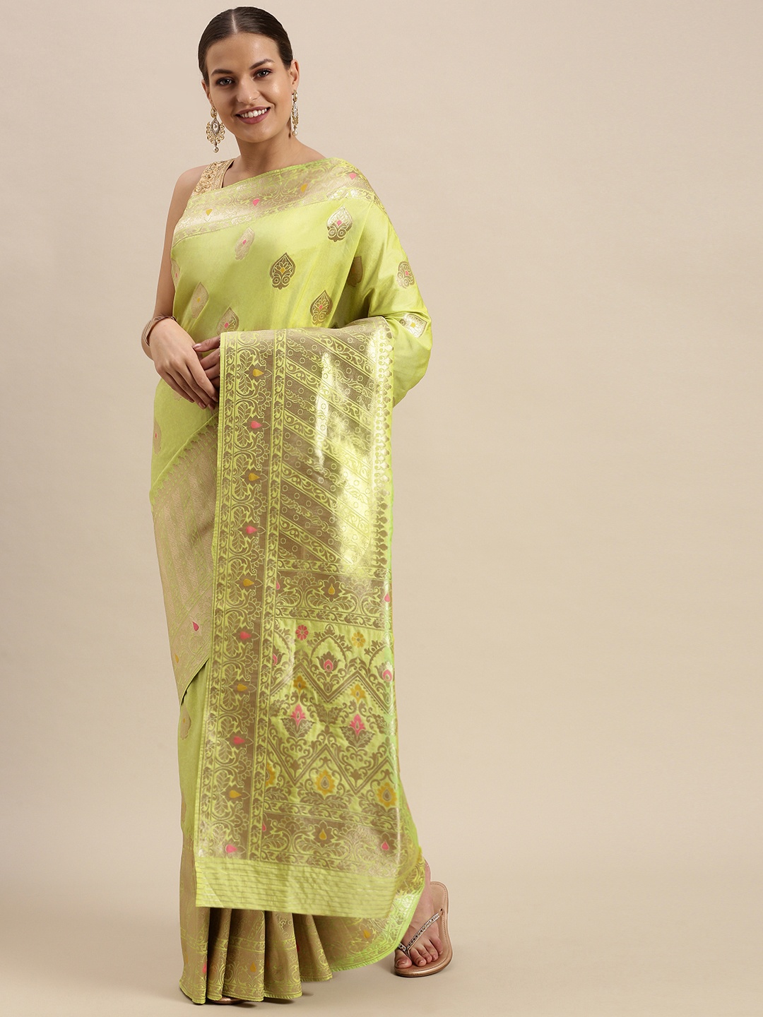 

SANGAM PRINTS Lime Green & Golden Ethnic Motifs Zari Pure Silk Saree