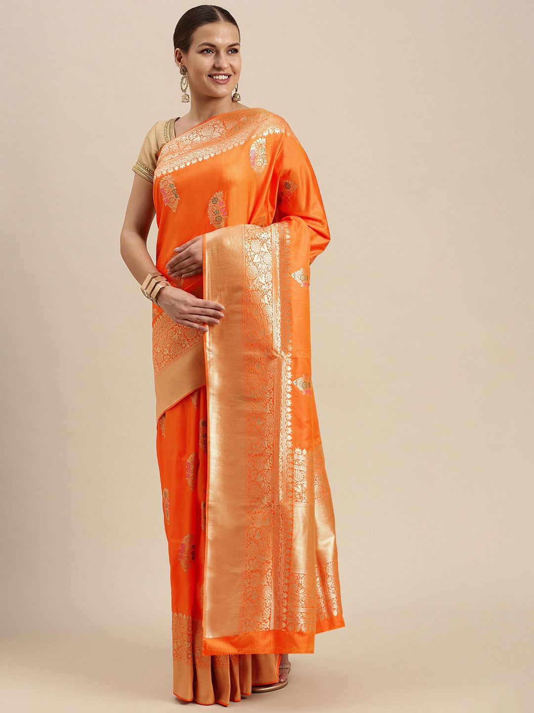 

SANGAM PRINTS Orange & Golden Ethnic Motifs Zari Pure Silk Banarasi Saree