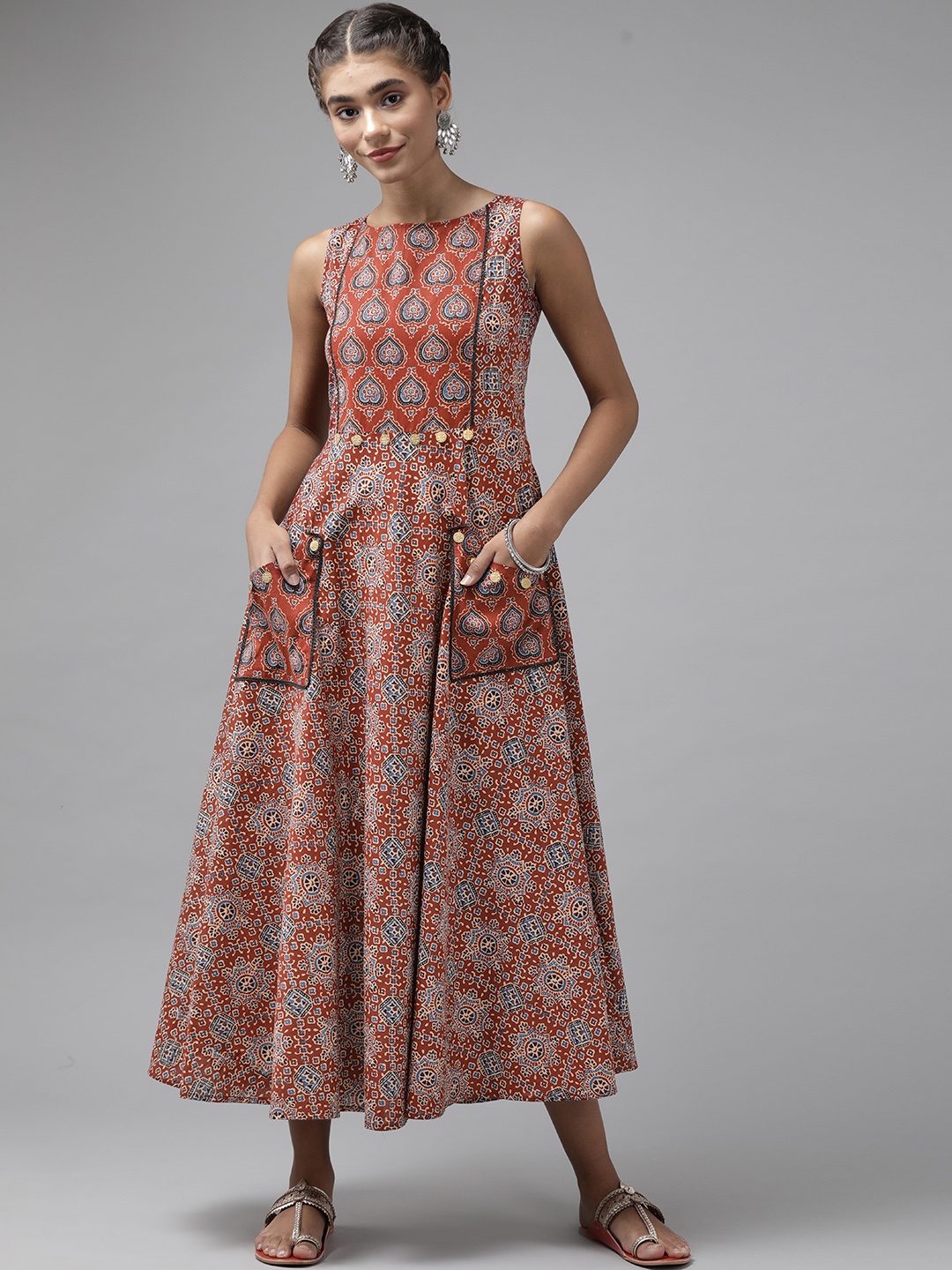 

Yufta Red & Blue Ethnic Motifs Back Tie-up Detail Ethnic Midi Dress