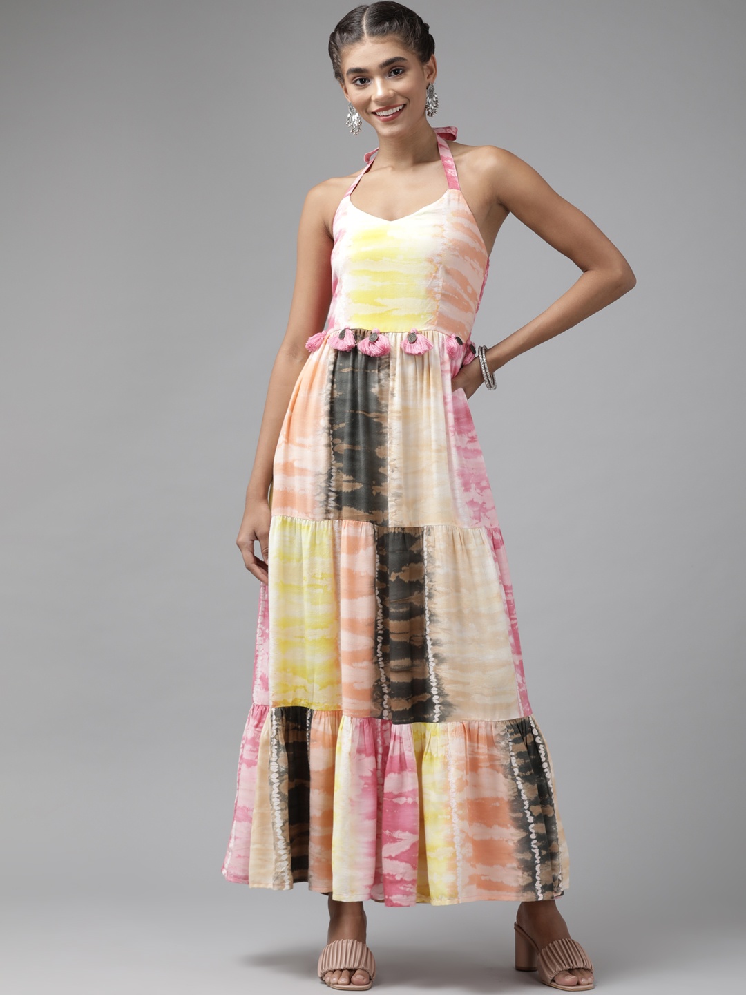 

Yufta Pink & Yellow Tie and Dye Dyed Halter Neck Ethnic Maxi Tiered Dress
