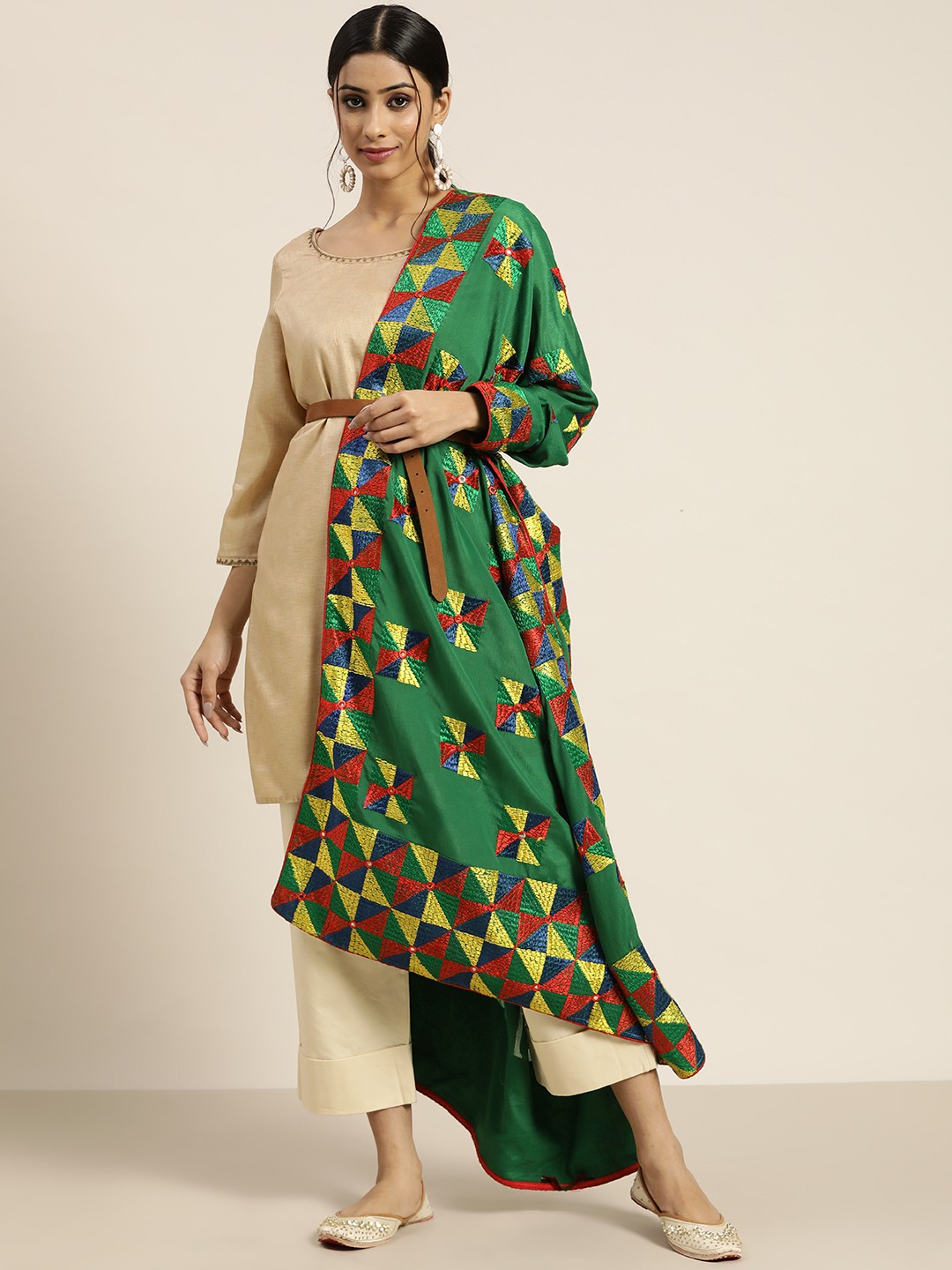 

Sangria Green & Blue Phulkari Embroidered Dupatta