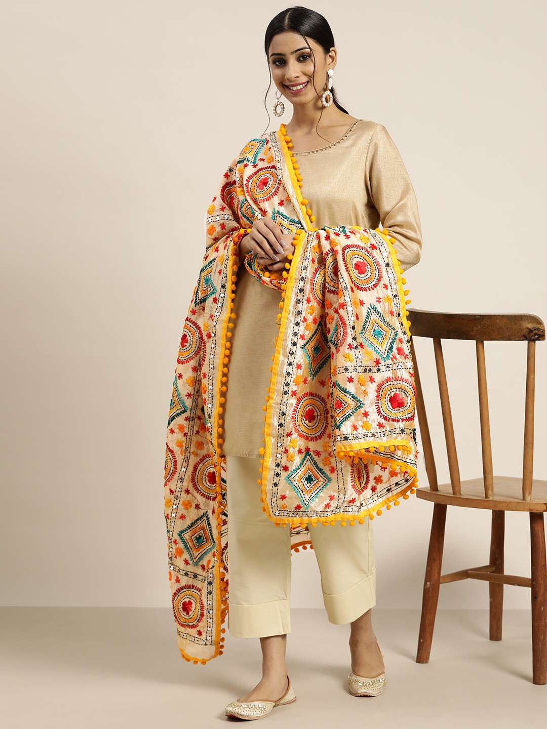 

Sangria Beige & Yellow Ethnic Motifs Phulkari Embroidered Dupatta