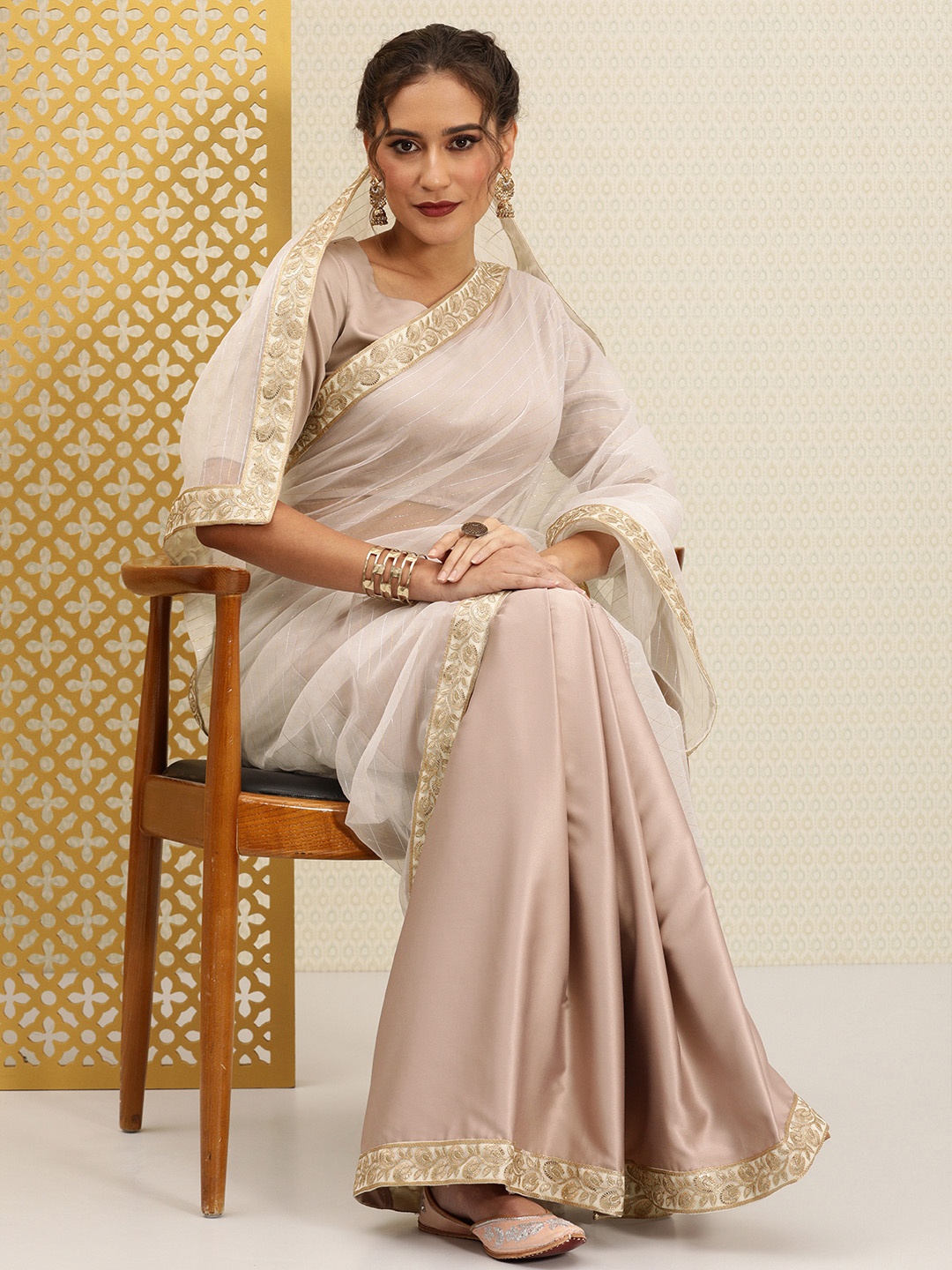 

House of Pataudi Off-White & Golden Striped Zari Jashn Organza Saree