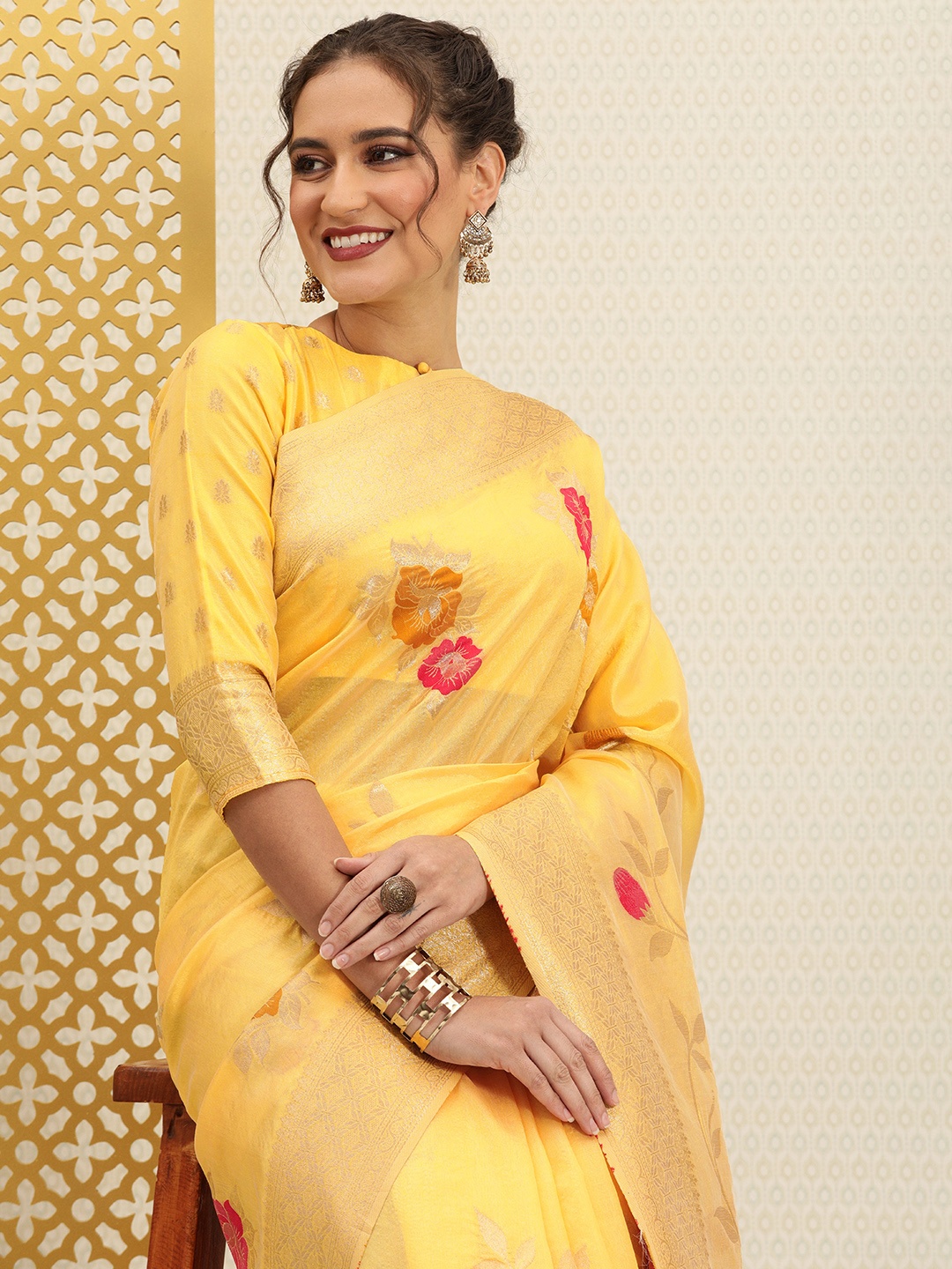 

House of Pataudi Yellow & Pink Ethnic Motifs Zari Jashn Banarasi Saree