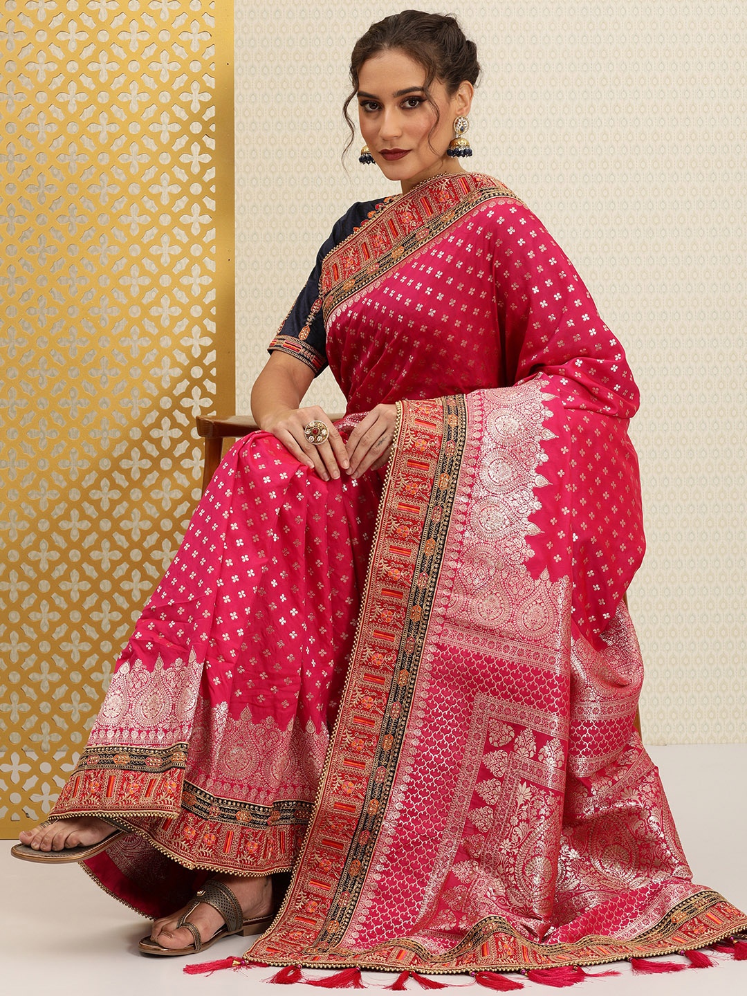 

House of Pataudi Fuchsia Pink & Silver Ethnic Motifs Sequinned Jashn Banarasi Saree