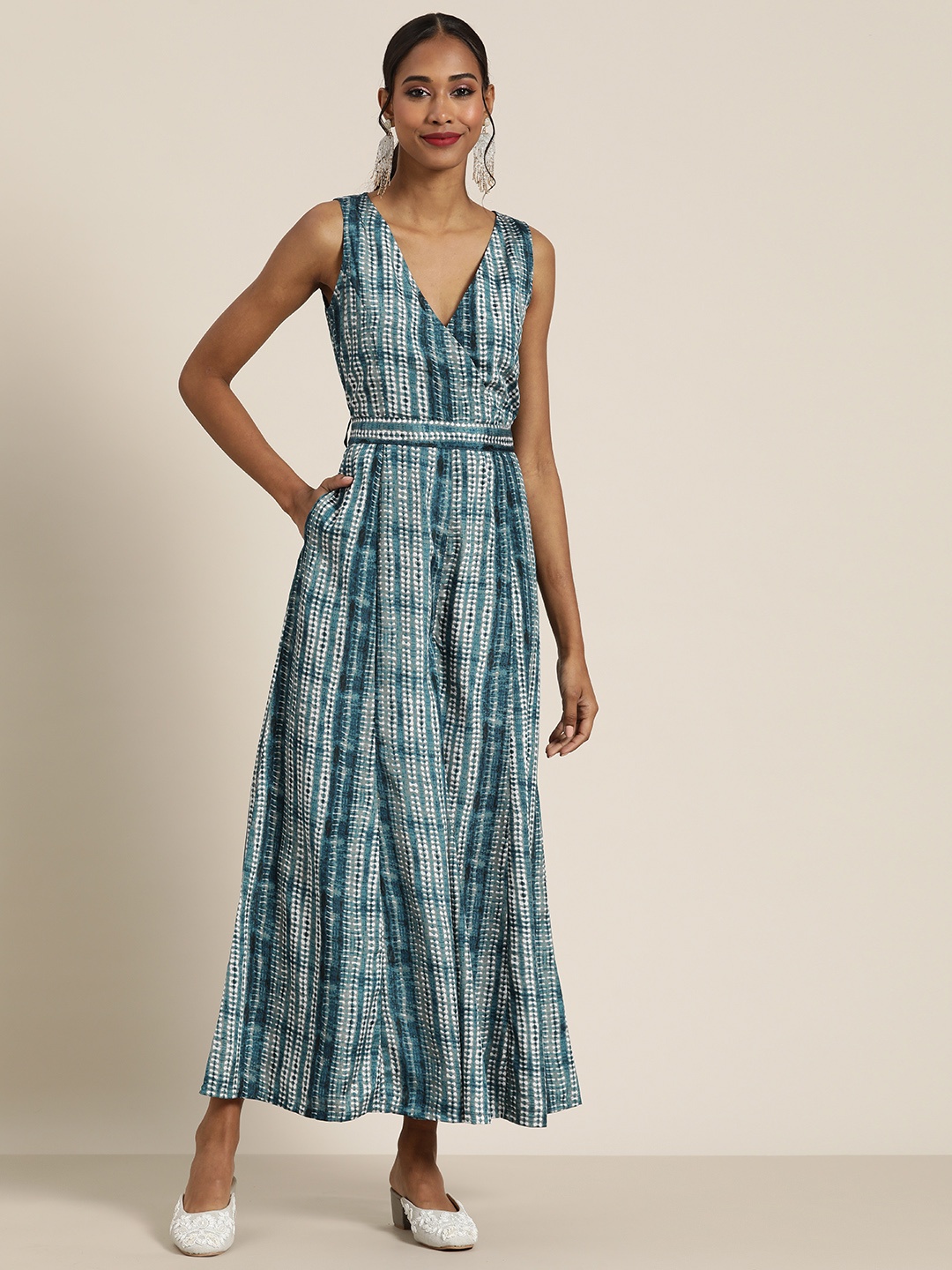 

Shae by SASSAFRAS Teal & White Printed Basic Jumpsuit