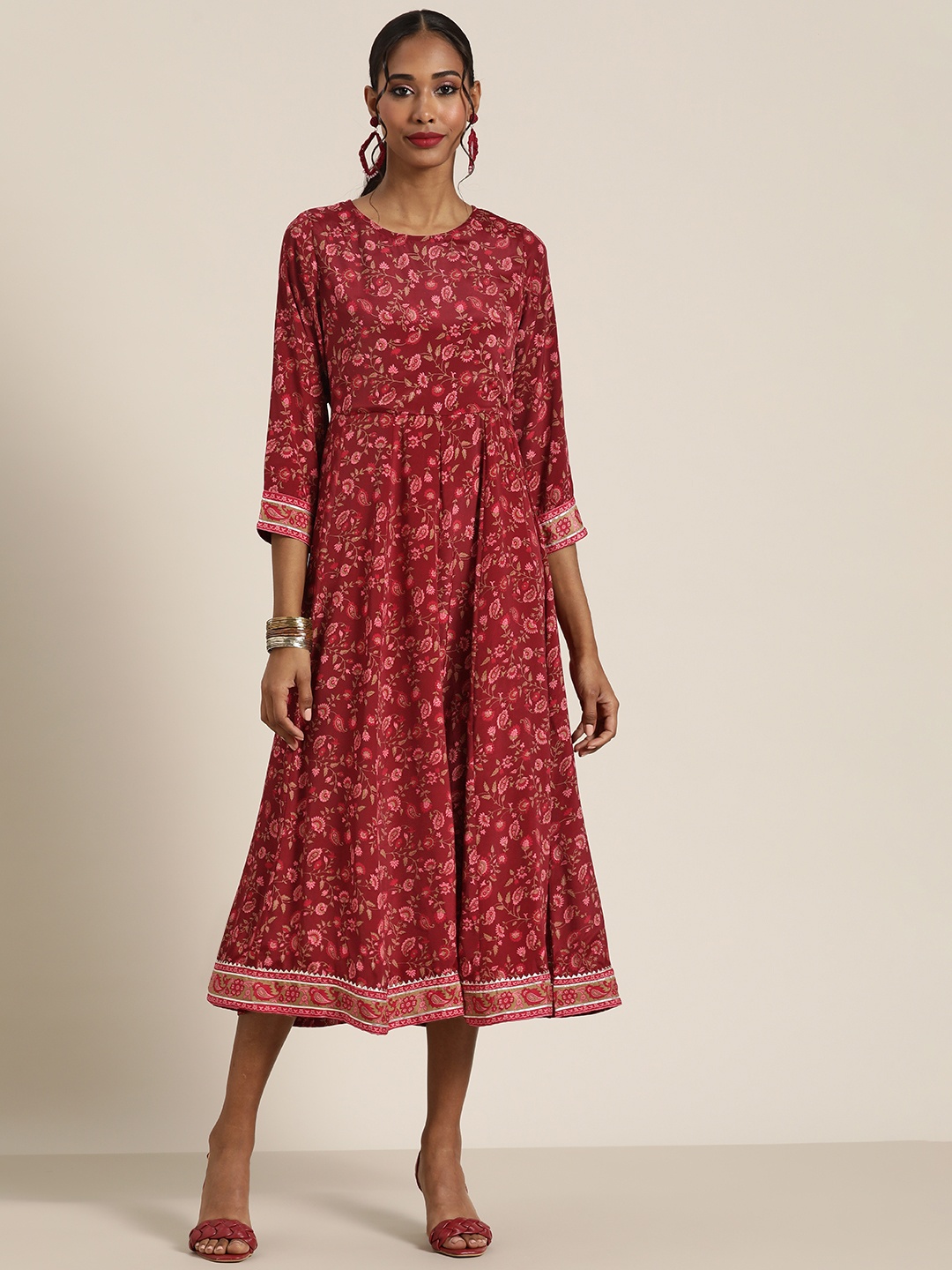 

Shae by SASSAFRAS Maroon & Peach-Coloured Floral Ethnic A-Line Midi Dress