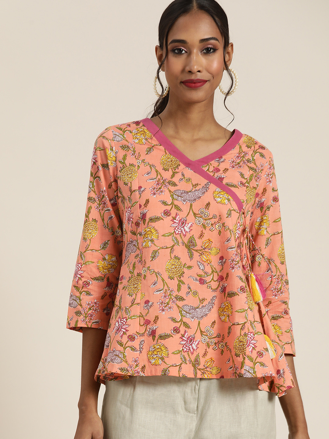 

Shae by SASSAFRAS Peach-Coloured Floral Print Cotton Wrap Top