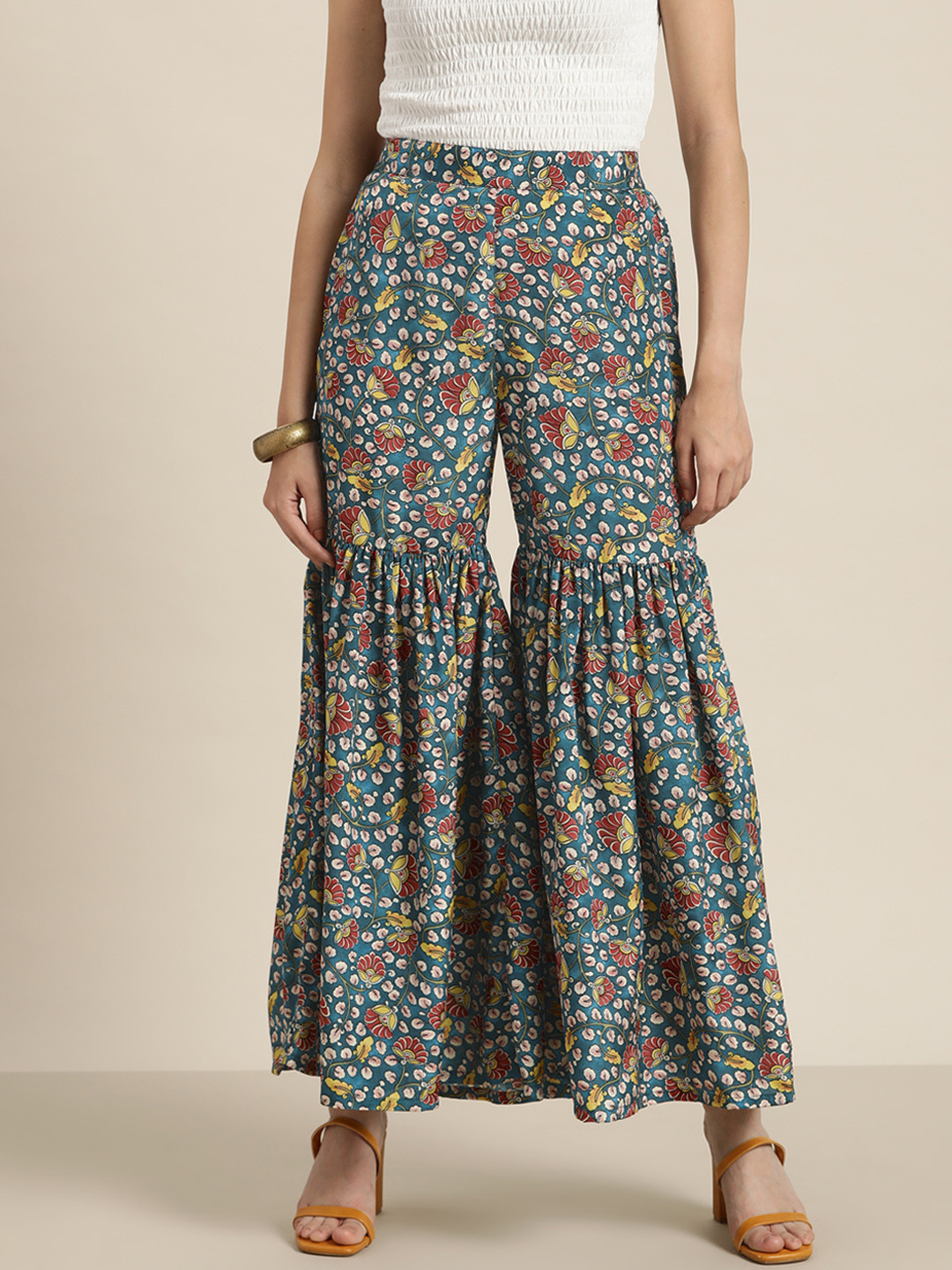 

Shae by SASSAFRAS Women Teal & Maroon Floral Printed Flared Ethnic Palazzos