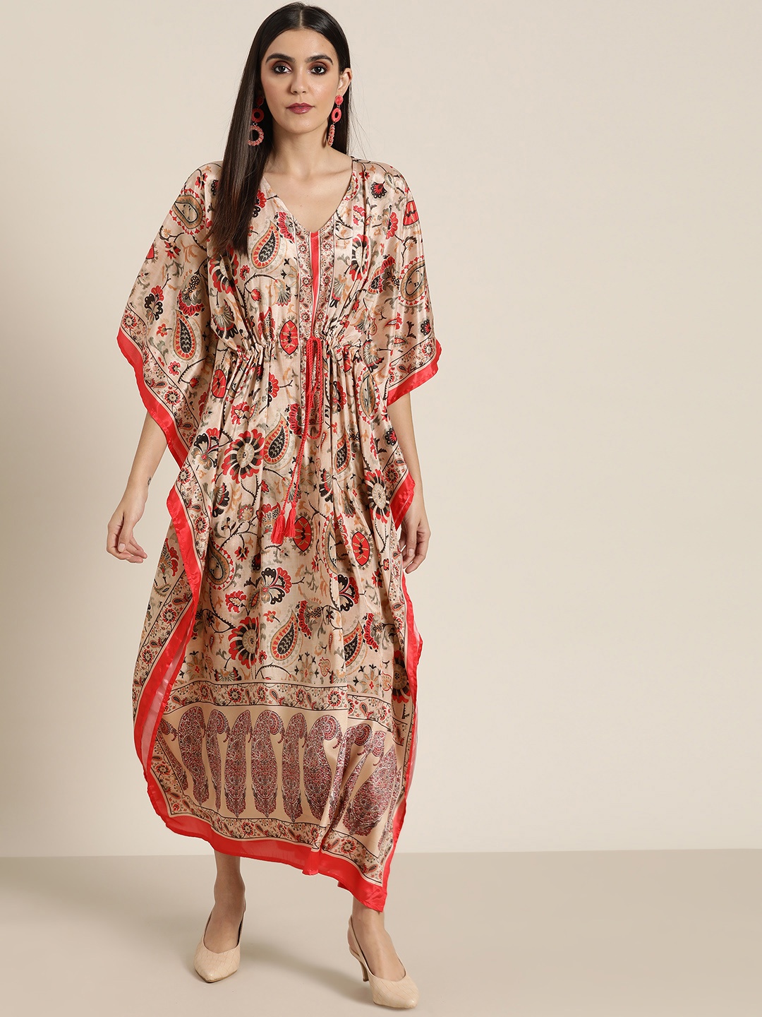 

Shae by SASSAFRAS Beige & Red Floral Ethnic Kaftan Midi Dress