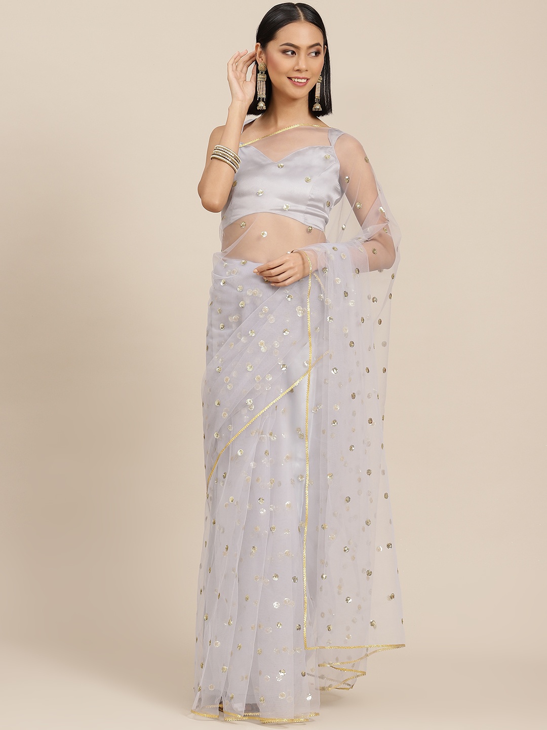 

Shae by SASSAFRAS Grey & Gold-Toned Embellished Sequinned Net Saree