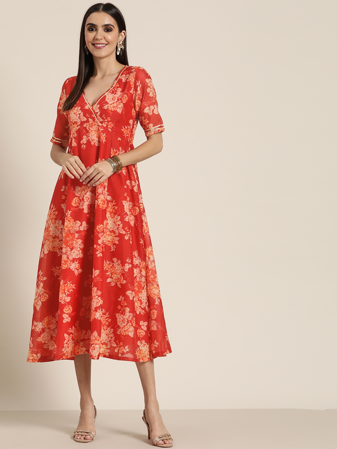 

Shae by SASSAFRAS Red & Orange Floral Ethnic A-Line Midi Dress