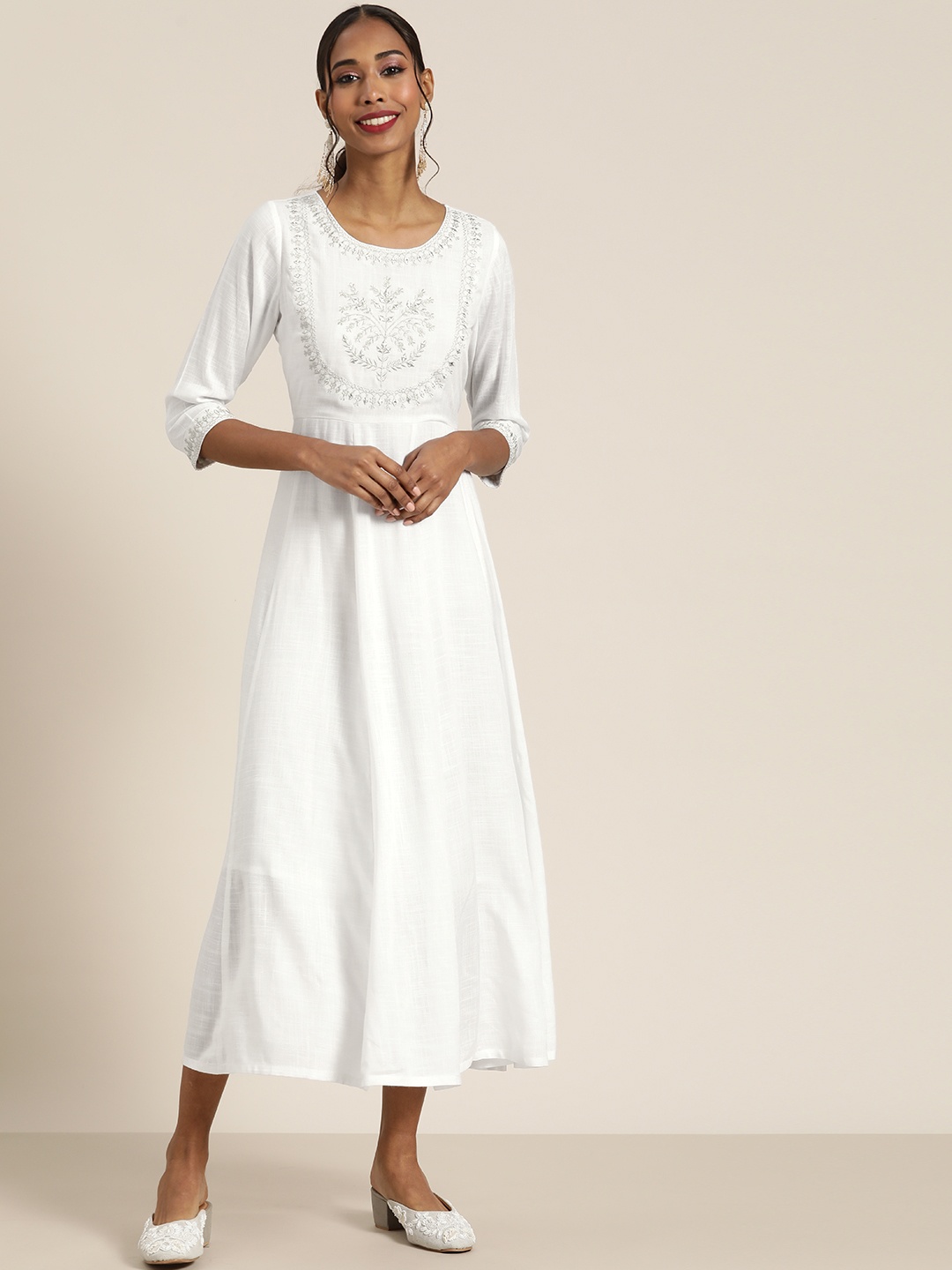 

Shae by SASSAFRAS White Floral Embroidered Ethnic A-Line Midi Dress
