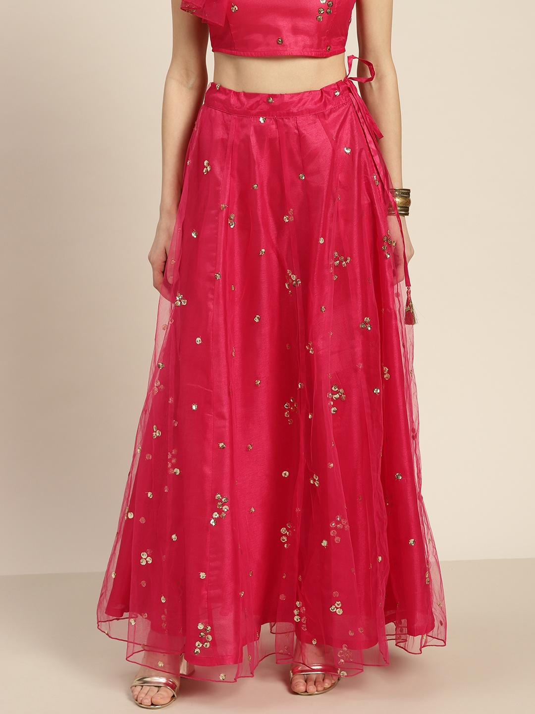 

Shae by SASSAFRAS Fuchsia Sequinned Embellished Tulle Maxi Skirt