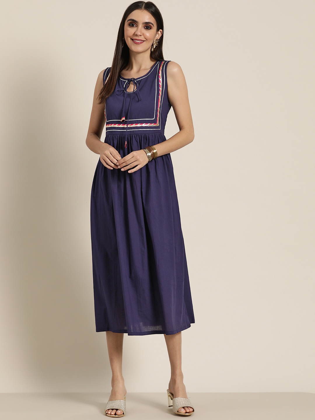 

Shae by SASSAFRAS Navy Blue Tie-Up Neck Ethnic A-Line Midi Dress