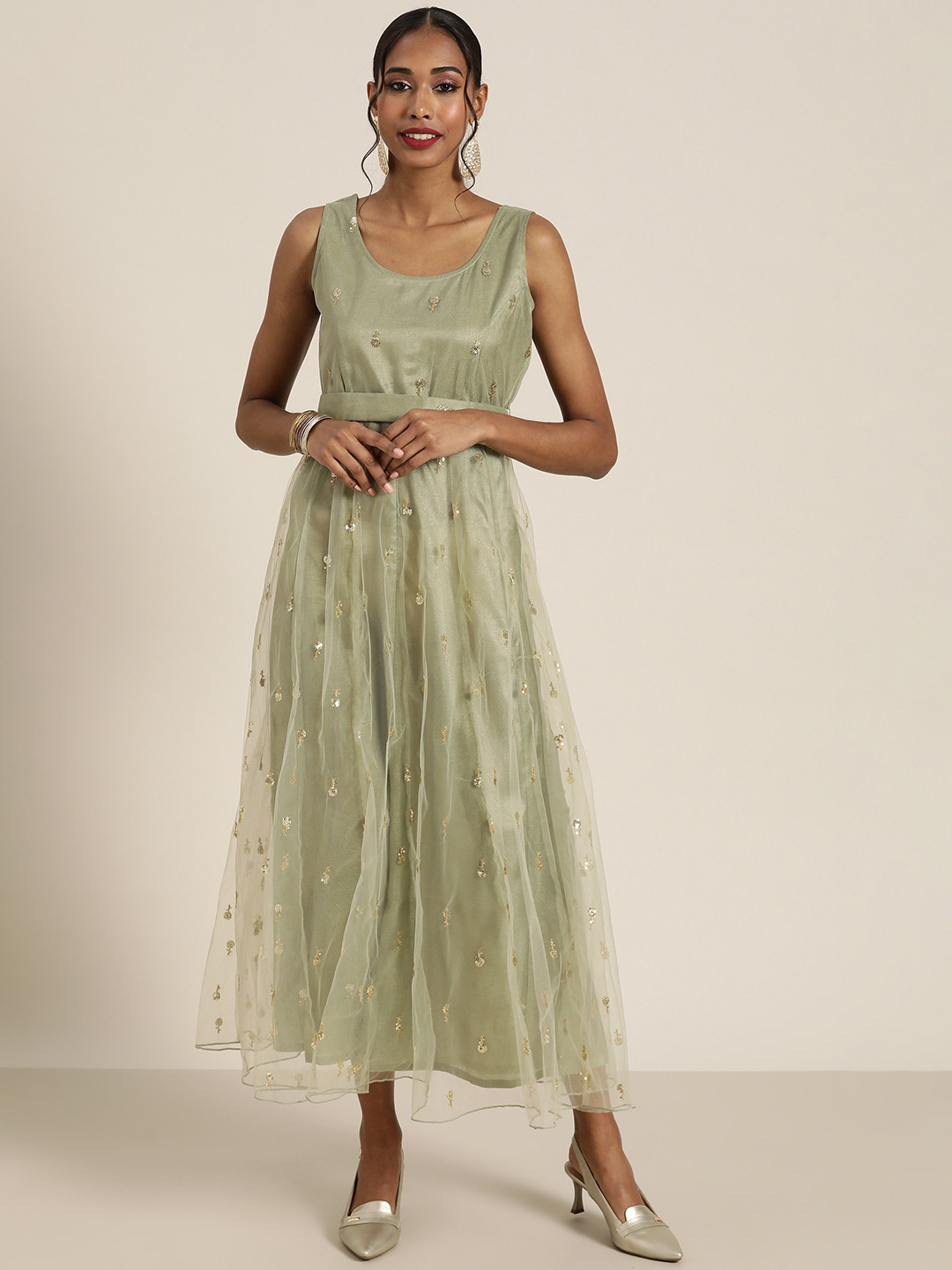 

Shae by SASSAFRAS Olive Green & Gold-Toned Embellished Ethnic A-Line Midi Dress