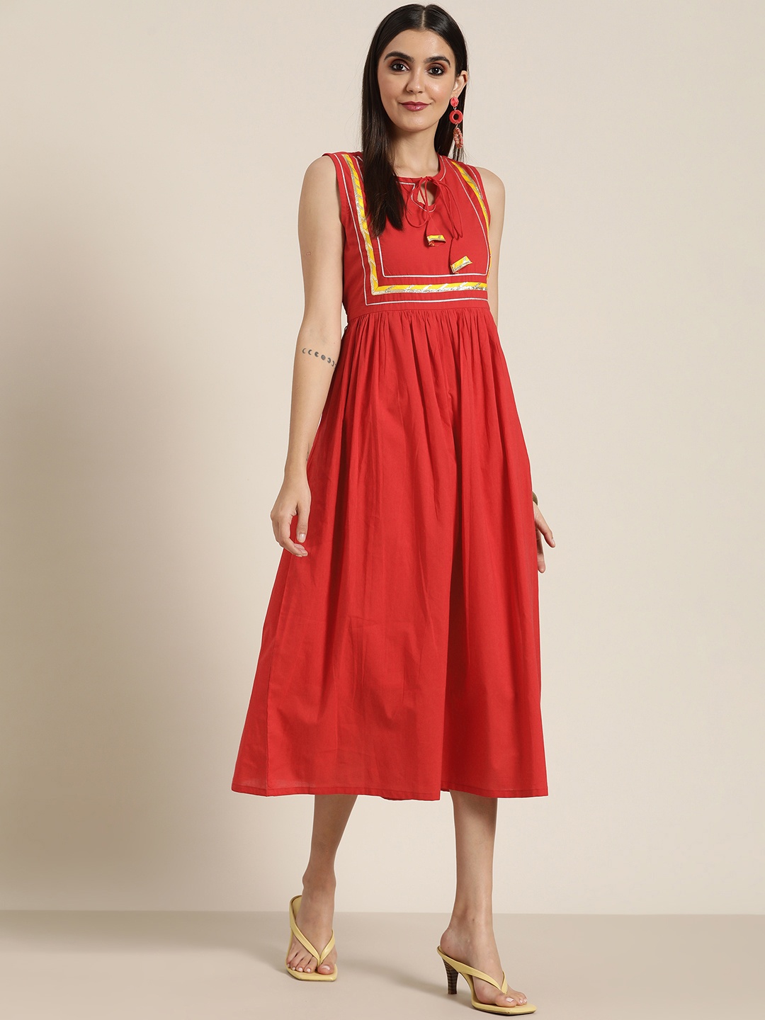 

Shae by SASSAFRAS Red Ethnic A-Line Midi Dress