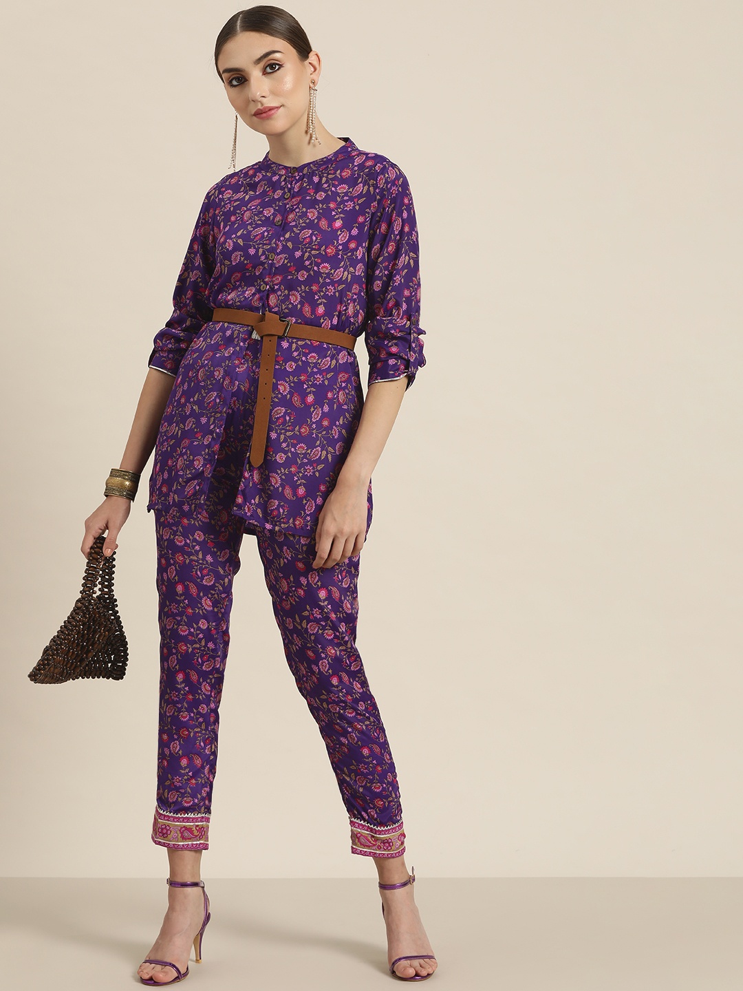 

Shae by SASSAFRAS Women Purple Floral Printed Cropped Palazzos