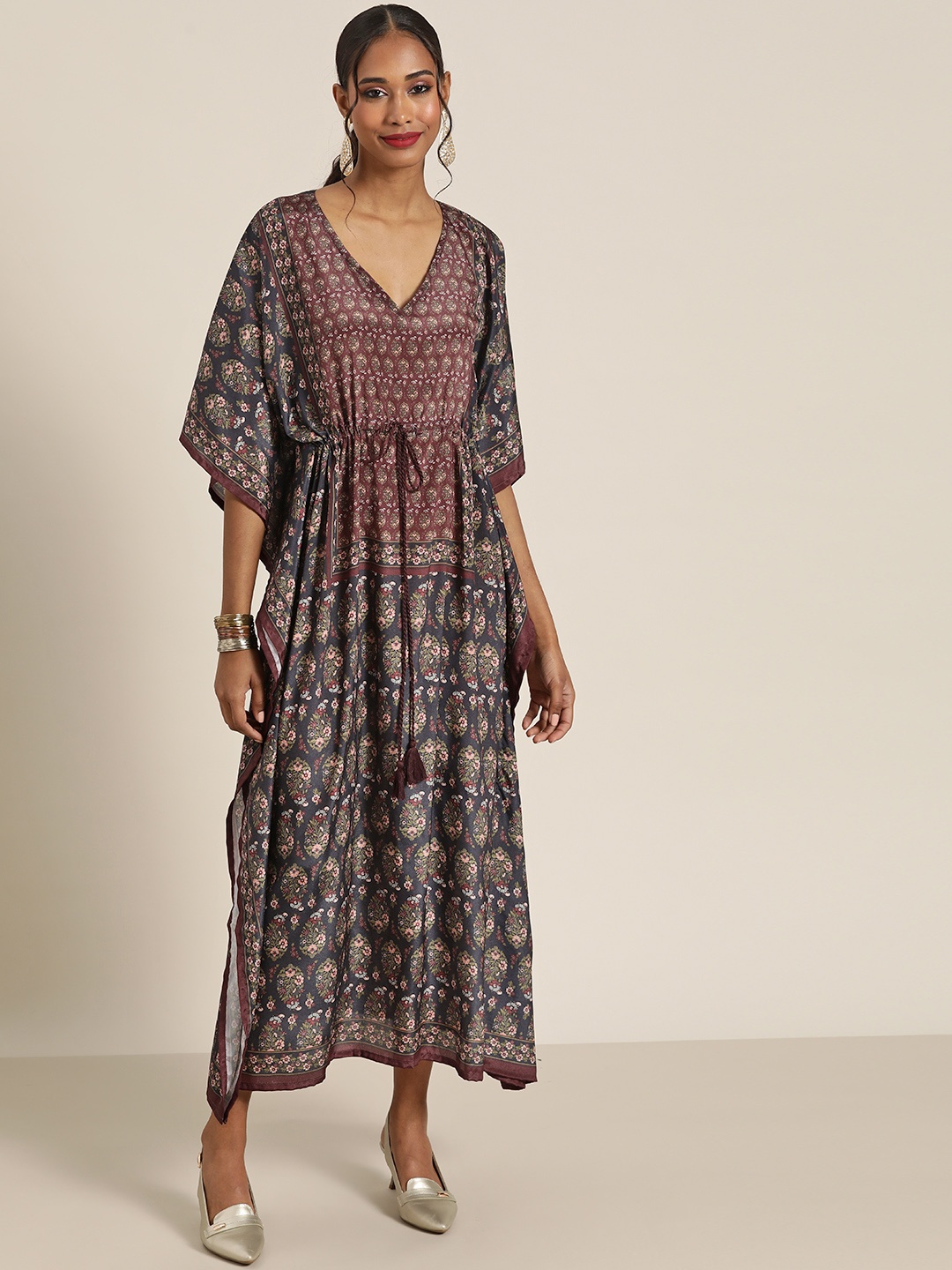 

Shae by SASSAFRAS Navy Blue & Brown Floral Ethnic Kaftan Midi Dress