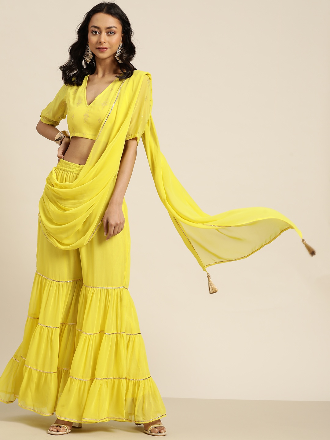 

Shae by SASSAFRAS Women Lime Green Flared Ethnic Palazzos with Pallu