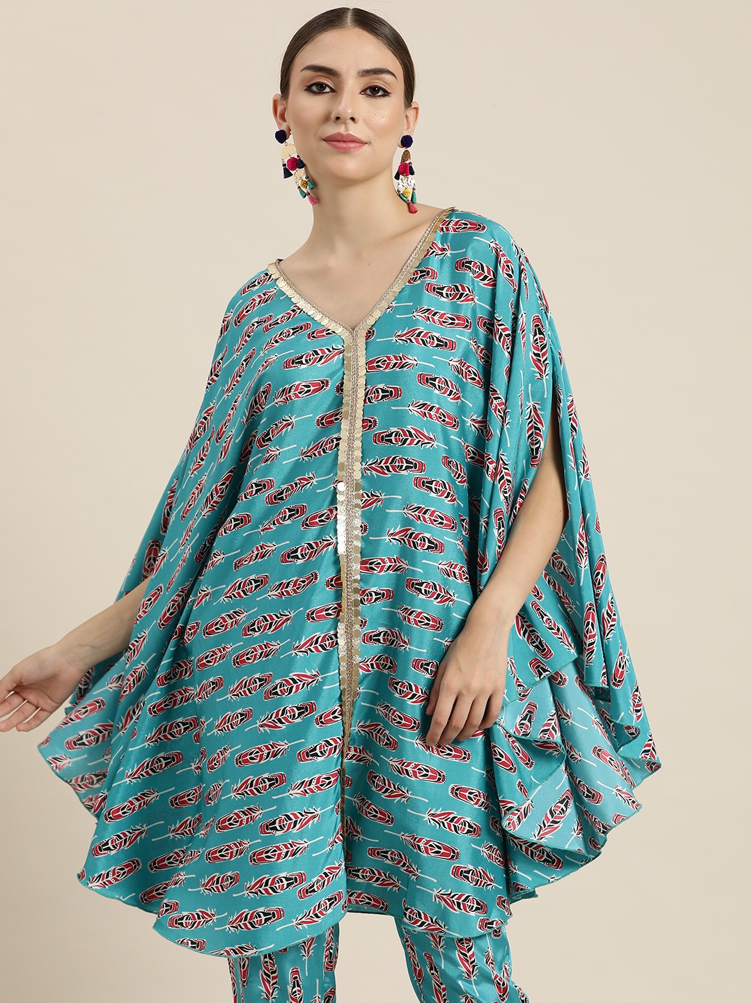 

Shae by SASSAFRAS Turquoise Blue & Red Printed V-Neck Gotta Patti Kaftan Kurti