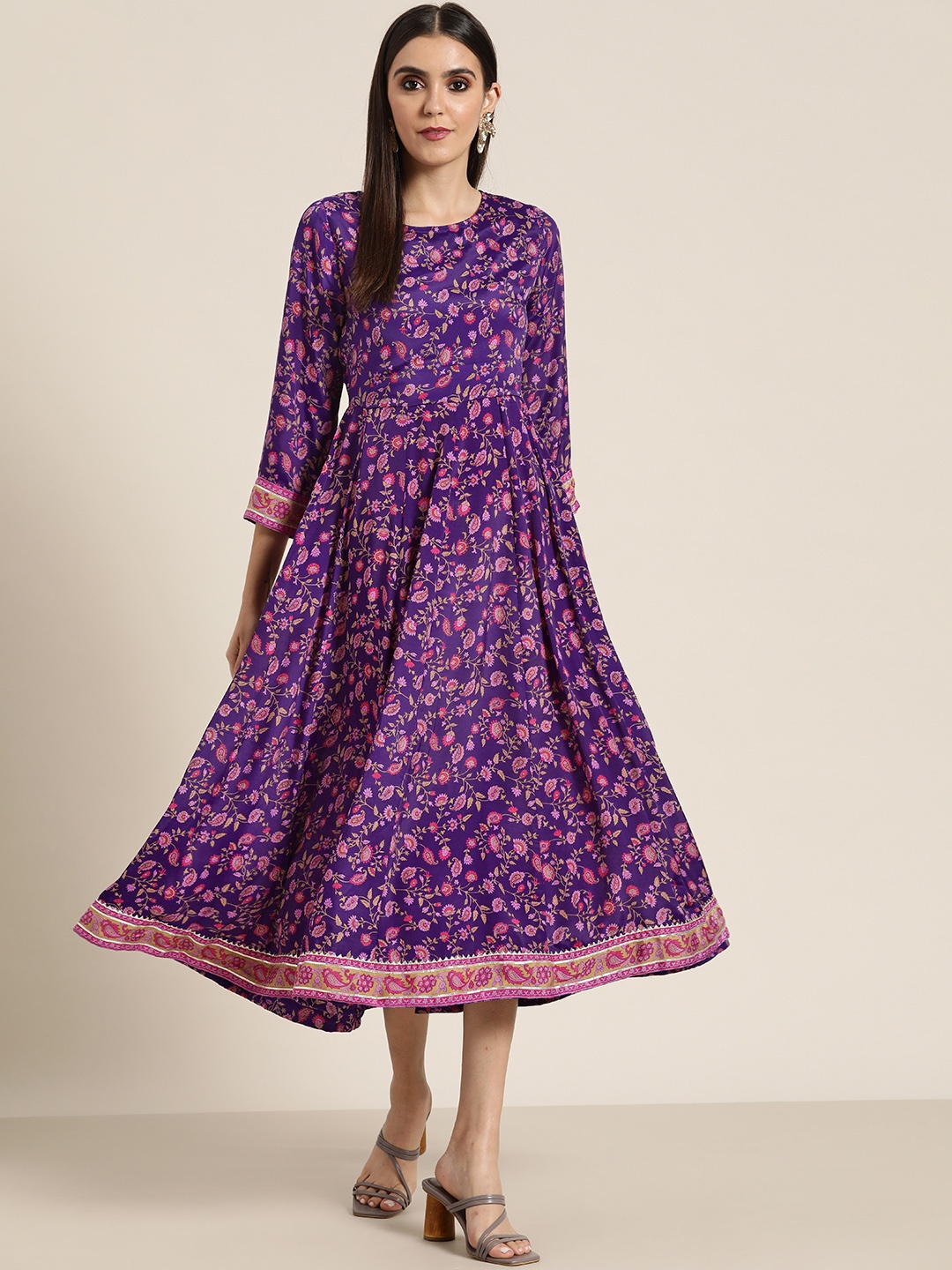 

Shae by SASSAFRAS Purple & Olive Green Floral Ethnic A-Line Midi Dress
