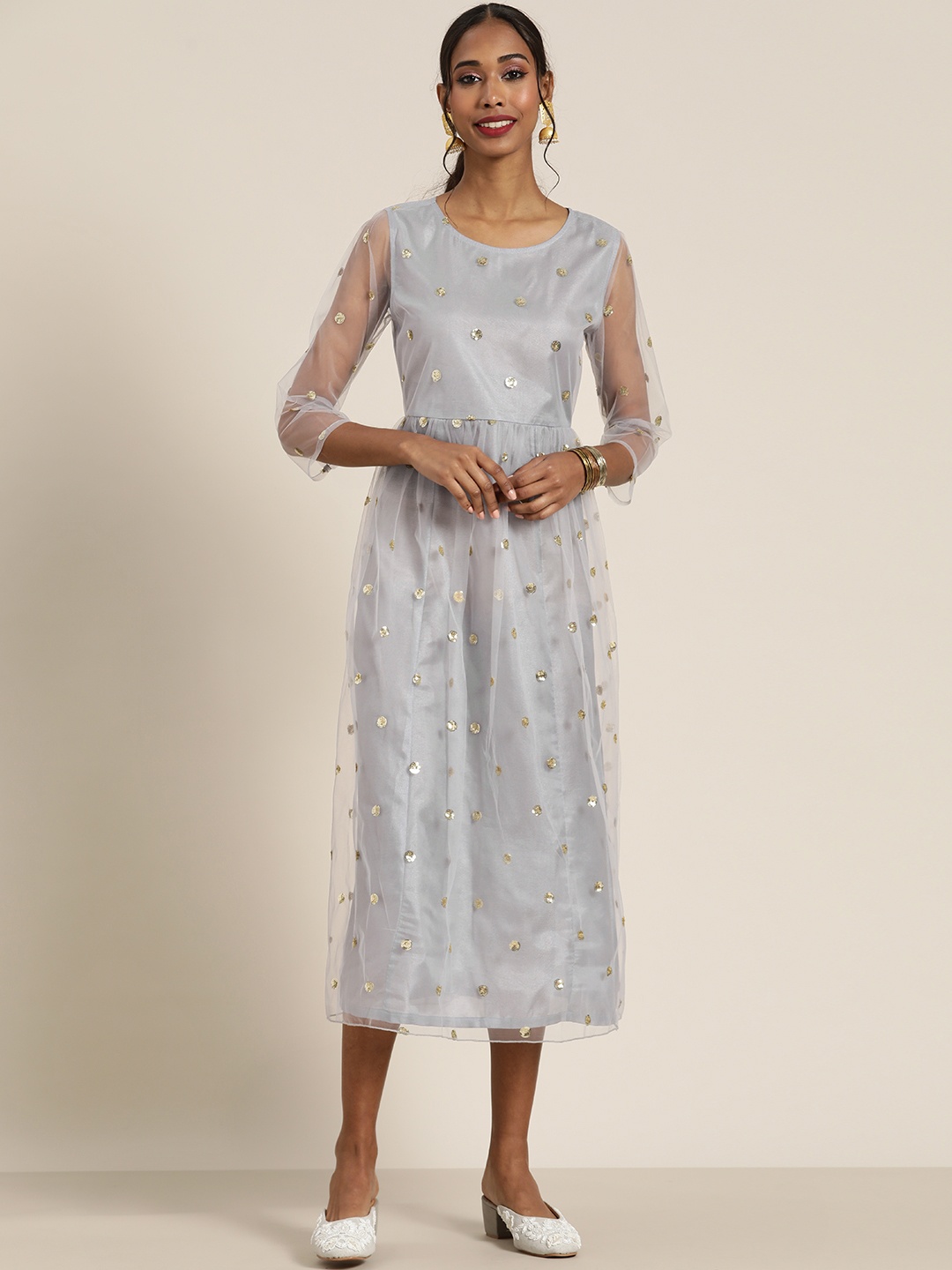 

Shae by SASSAFRAS Grey & Gold-Toned Embellished Ethnic A-Line Midi Dress