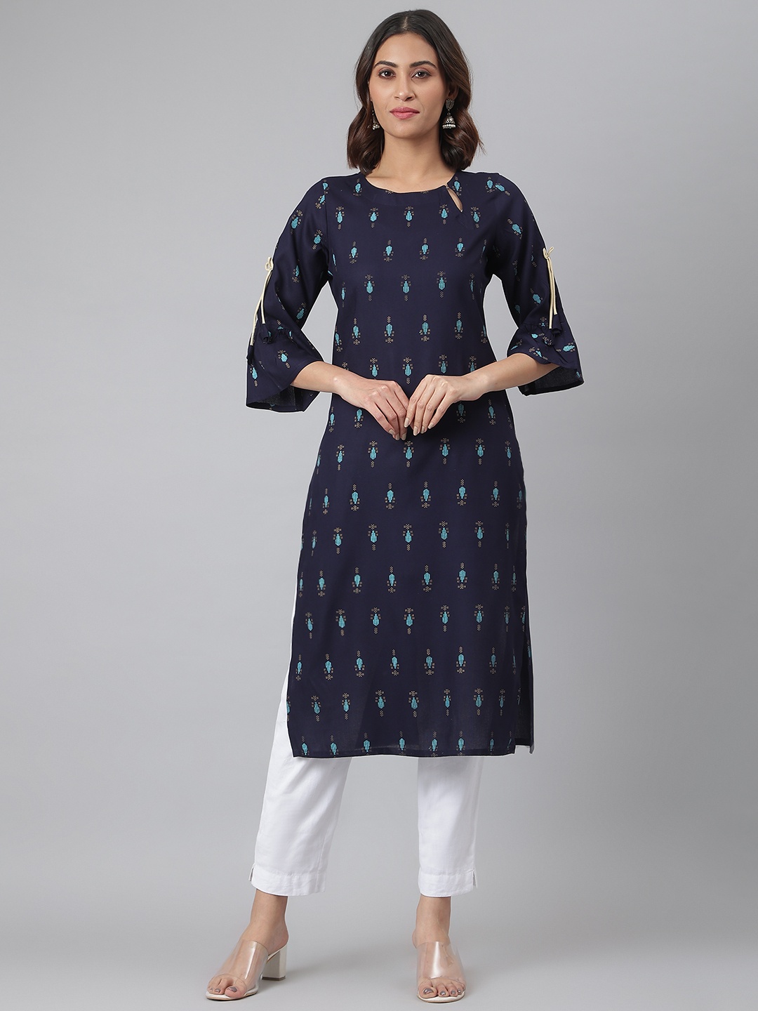 

Fusion Threads Women Navy Blue Ethnic Motifs Printed Pure Cotton Kurta