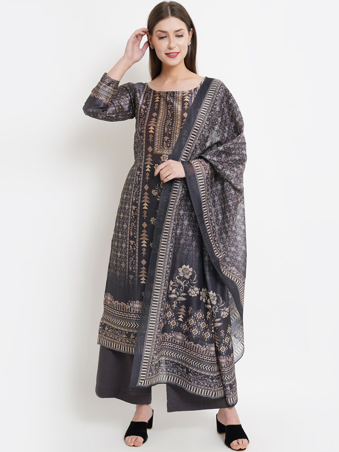 

Stylee LIFESTYLE Women Black & Gold-Toned Abstract Pure Silk Unstitched Dress Material