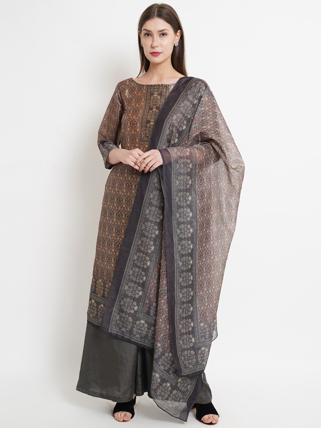 

Stylee LIFESTYLE Women Green & Orange Printed Pure Silk Unstitched Dress Material